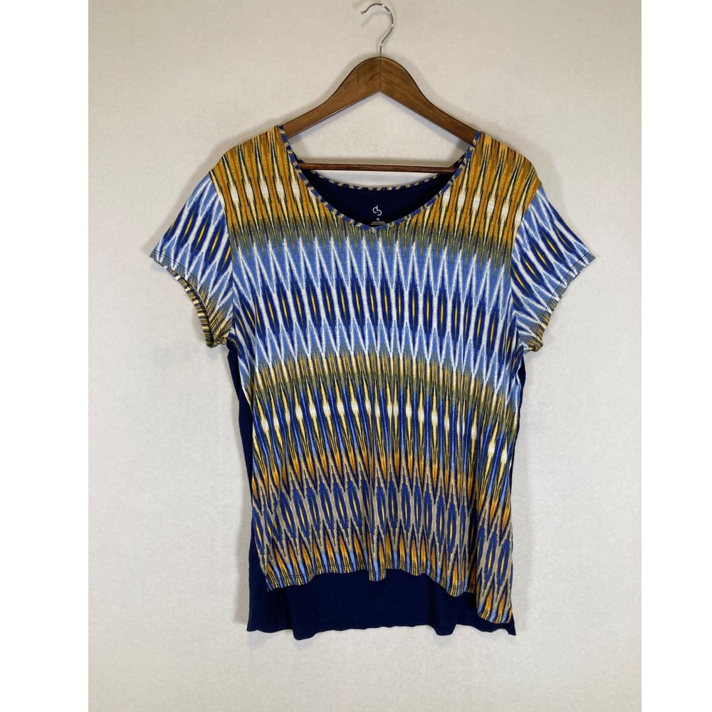 Boho Ikat Print C&B Women XL Navy‎ Blue Mixed Media Layered Short Sleeve Top